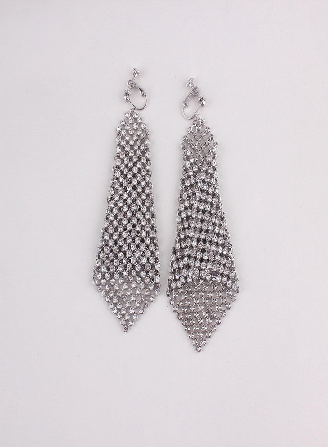 GRACE JUN Fashion Rhinestone Large Geometric Clip on Earrings No Pierced Bridal Wedding Ear Clip (569Silver clip on) - Image 3
