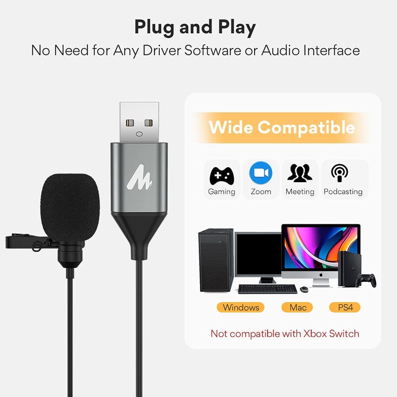 Maono ميكروفون لافاليير USB من MAONO، 192KHZ/24BIT، توصيل وتشغيل، ميكروفون متعدد الاتجاهات مع مشبك طية القميص للكمبيوتر، ماك، لابتوب، يوتيوب، سكايب، تسجيل، بودكاست، ألعاب، AU-UL10 - Image 5