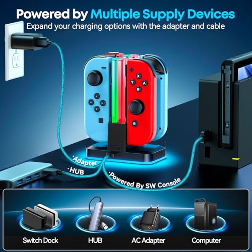 Rysker Switch Joycon Charger for SW 1 Model with 9 RGB Light Modes, Switch Controller Charger Stand with LED Indicators, SW Charging Dock Station for 4 Joycon Charging - Image 5
