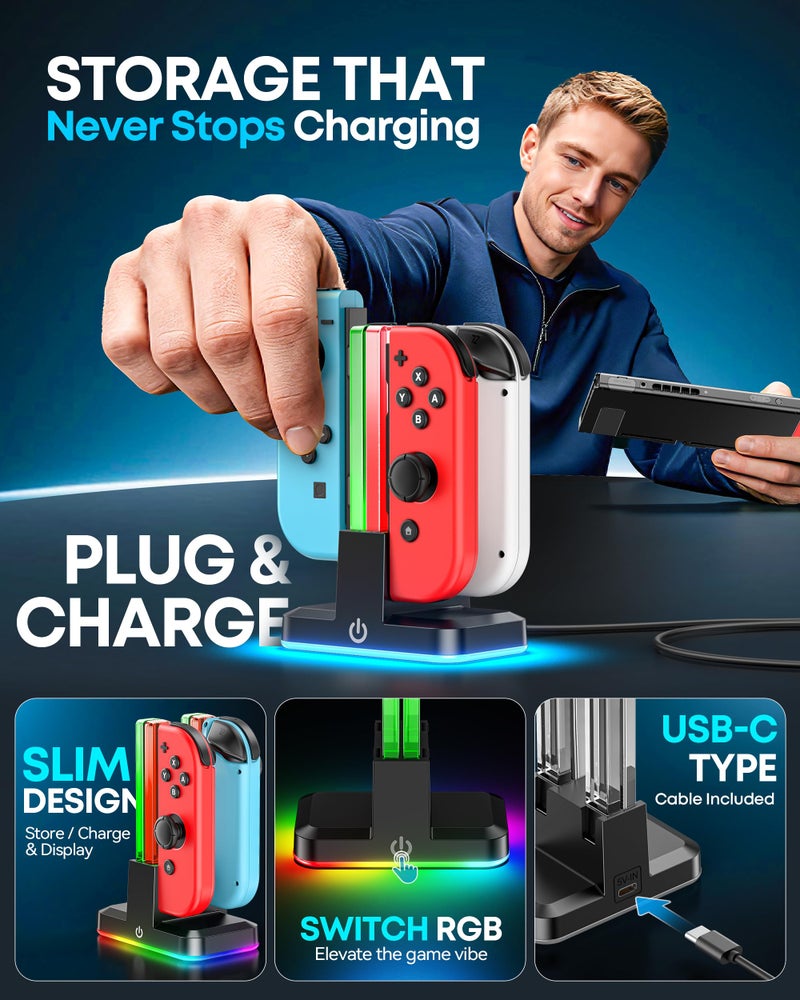 Rysker Switch Joycon Charger for SW 1 Model with 9 RGB Light Modes, Switch Controller Charger Stand with LED Indicators, SW Charging Dock Station for 4 Joycon Charging - Image 4