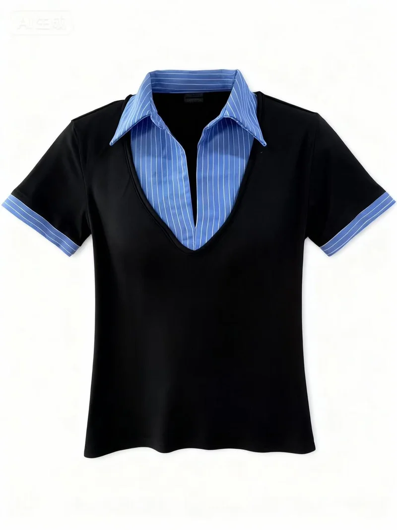 OUTZIDR Blue Short Sleeve Contrast Collar Fitted Top