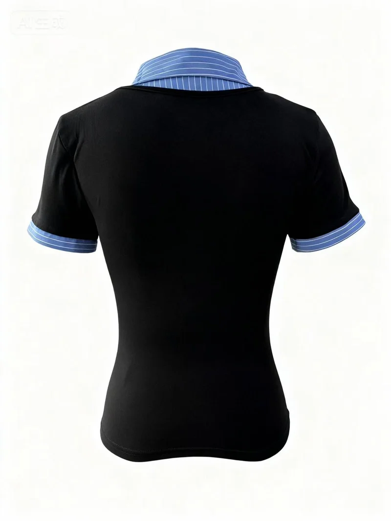 OUTZIDR Blue Short Sleeve Contrast Collar Fitted Top