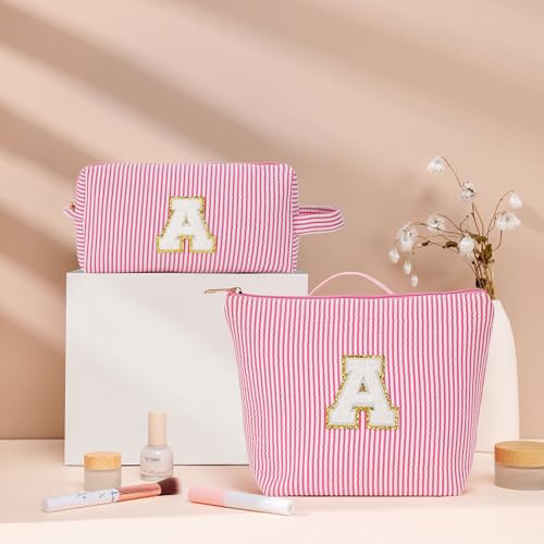 Fohufo Initial Makeup Bag for Women Travel Pouch Portable Cosmetic Bag Make up Kit Pouch Travel Essentials Cute Makeup Bag Birthday Gifts for Women Pink Letter T - Image 3