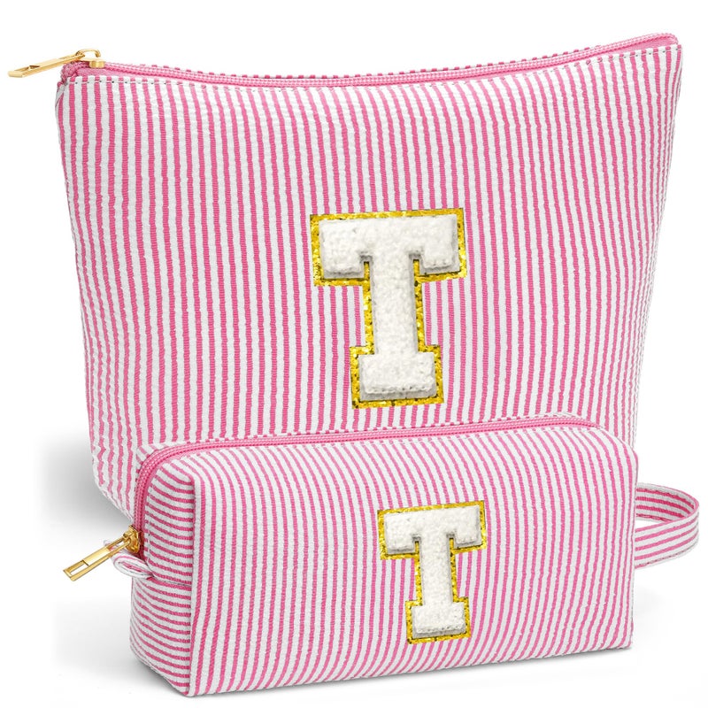 Fohufo Initial Makeup Bag for Women Travel Pouch Portable Cosmetic Bag Make up Kit Pouch Travel Essentials Cute Makeup Bag Birthday Gifts for Women Pink Letter T - Image 2