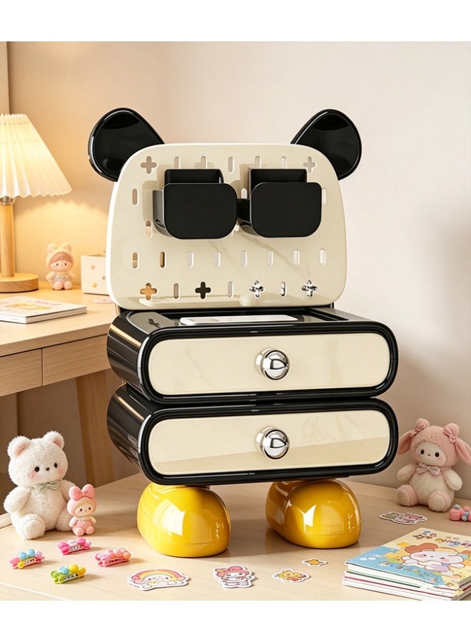 Golden Trendy Bear Storage Cabinet Creative Cartoon Desktop Storage Rack Double Drawer Jewelry Cosmetics Storage Box (HC-3011-White) - Image 3
