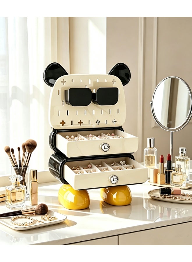 Golden Trendy Bear Storage Cabinet Creative Cartoon Desktop Storage Rack Double Drawer Jewelry Cosmetics Storage Box (HC-3011-White) - Image 5
