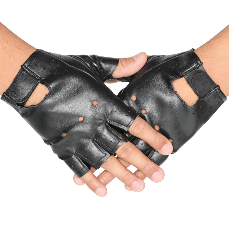 Ayzylpth Classic Black Fingerless Motorcycle Gloves PU Leather Minimalist Biker Gloves for City Commute Daily Riding - Image 3