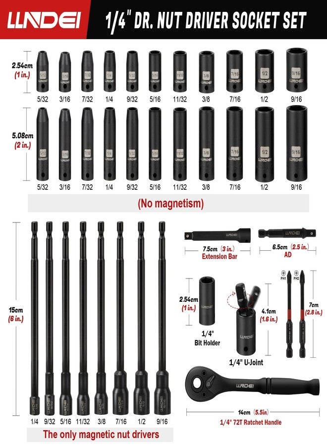 LLNDEI 1/4" Drive Socket set & Nut Driver Set 38PCS,1/4-Inch Sockets Deep&Shallow SAE（5/32" to 9/16"） with Ratchet,1/4" Hex Shank 6" Long Nut Drivers(1/4" to 9/16") for Impact Drill Bits(PH1 PH2) - Image 2