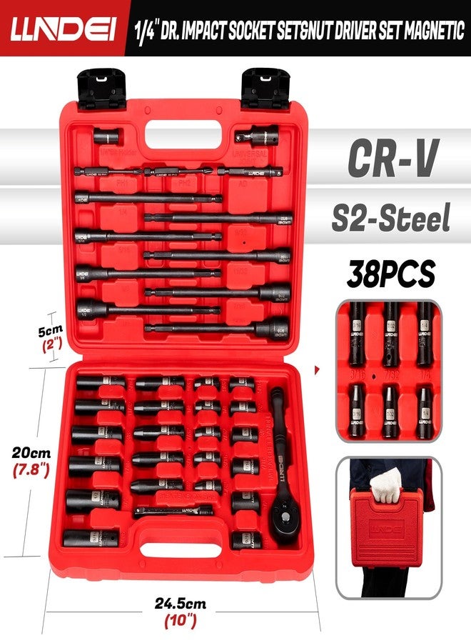 LLNDEI 1/4" Drive Socket set & Nut Driver Set 38PCS,1/4-Inch Sockets Deep&Shallow SAE（5/32" to 9/16"） with Ratchet,1/4" Hex Shank 6" Long Nut Drivers(1/4" to 9/16") for Impact Drill Bits(PH1 PH2) - Image 3