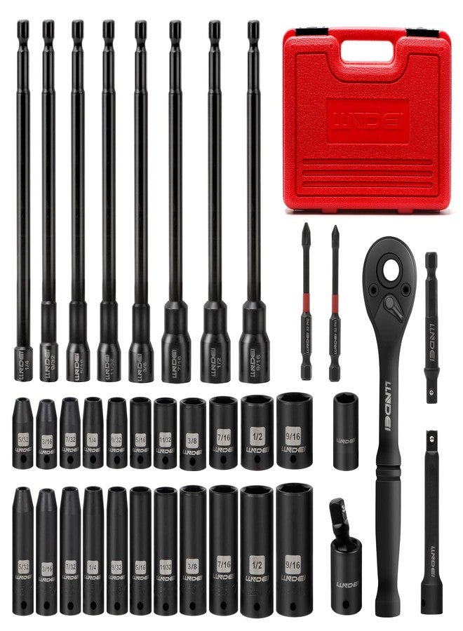 LLNDEI 1/4" Drive Socket set & Nut Driver Set 38PCS,1/4-Inch Sockets Deep&Shallow SAE（5/32" to 9/16"） with Ratchet,1/4" Hex Shank 6" Long Nut Drivers(1/4" to 9/16") for Impact Drill Bits(PH1 PH2) - Image 1