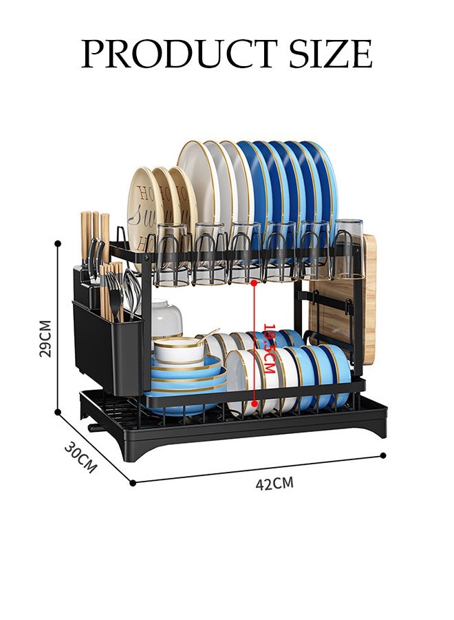 DUNISO حامل أطباق ذو طبقتين للمطبخ مع صينية تصريف، حامل أدوات قابل للإزالة وحامل أكواب، منظم مطبخ من الفولاذ المقاوم للصدأ للأطباق والملاعق والشوك (أسود) - Image 2