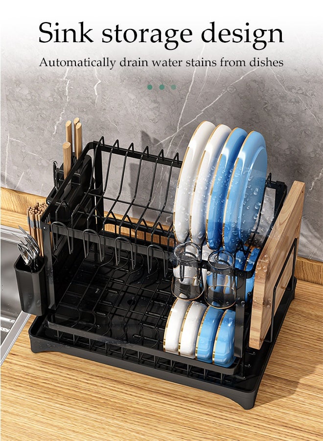 DUNISO حامل أطباق ذو طبقتين للمطبخ مع صينية تصريف، حامل أدوات قابل للإزالة وحامل أكواب، منظم مطبخ من الفولاذ المقاوم للصدأ للأطباق والملاعق والشوك (أسود) - Image 5