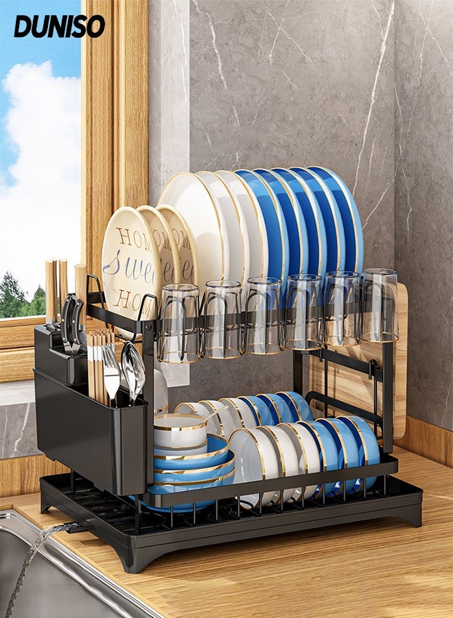 DUNISO حامل أطباق ذو طبقتين للمطبخ مع صينية تصريف، حامل أدوات قابل للإزالة وحامل أكواب، منظم مطبخ من الفولاذ المقاوم للصدأ للأطباق والملاعق والشوك (أسود) - Image 1