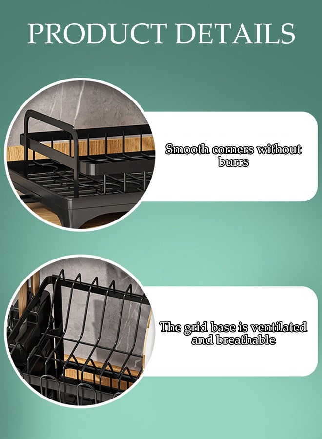 DUNISO حامل أطباق ذو طبقتين للمطبخ مع صينية تصريف، حامل أدوات قابل للإزالة وحامل أكواب، منظم مطبخ من الفولاذ المقاوم للصدأ للأطباق والملاعق والشوك (أسود) - Image 3