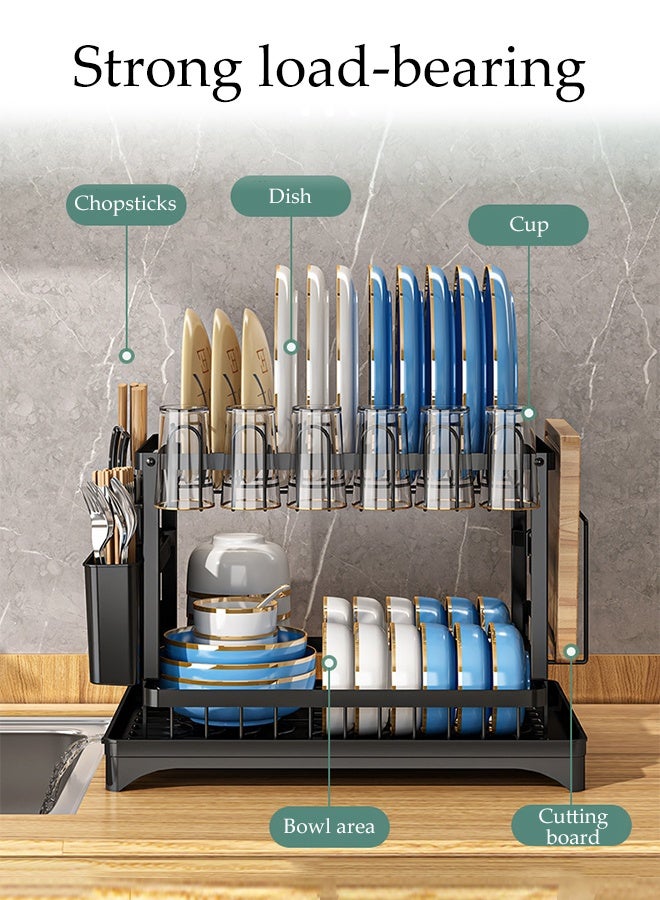 DUNISO حامل أطباق ذو طبقتين للمطبخ مع صينية تصريف، حامل أدوات قابل للإزالة وحامل أكواب، منظم مطبخ من الفولاذ المقاوم للصدأ للأطباق والملاعق والشوك (أسود) - Image 4