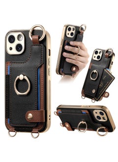 For iPhone 15 Plus Fashion Ring Card Bag Phone Case with Hang Loop(Black)