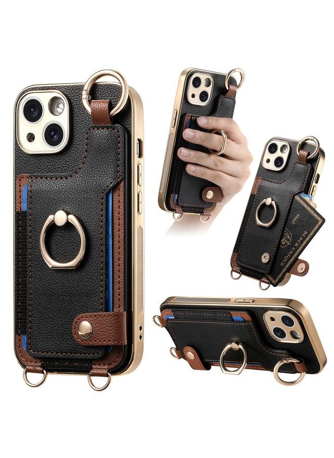 erorex - For iPhone 15 Plus Fashion Ring Card Bag Phone Case with Hang Loop(Black) - Image 1