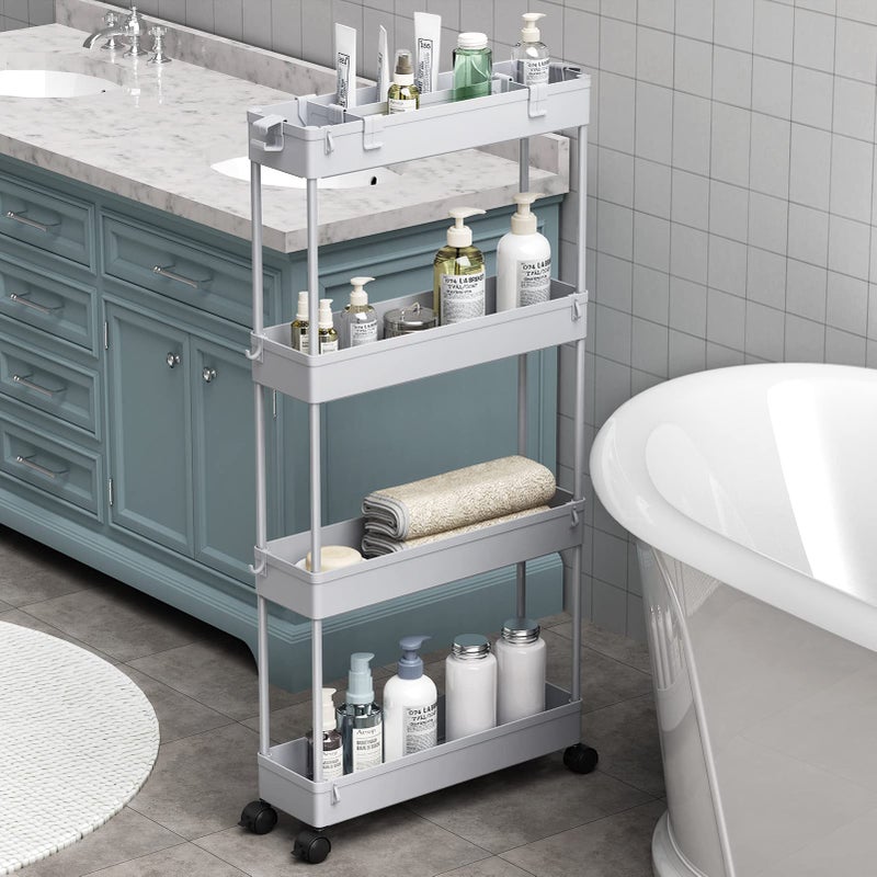 SPACELEAD Slim Storage Cart 4 TierBathroom Organizer Rolling UtilityMobile Shelving Unit Slide Out for Office Kitchen Laundry Room  Narrow PlacesGray