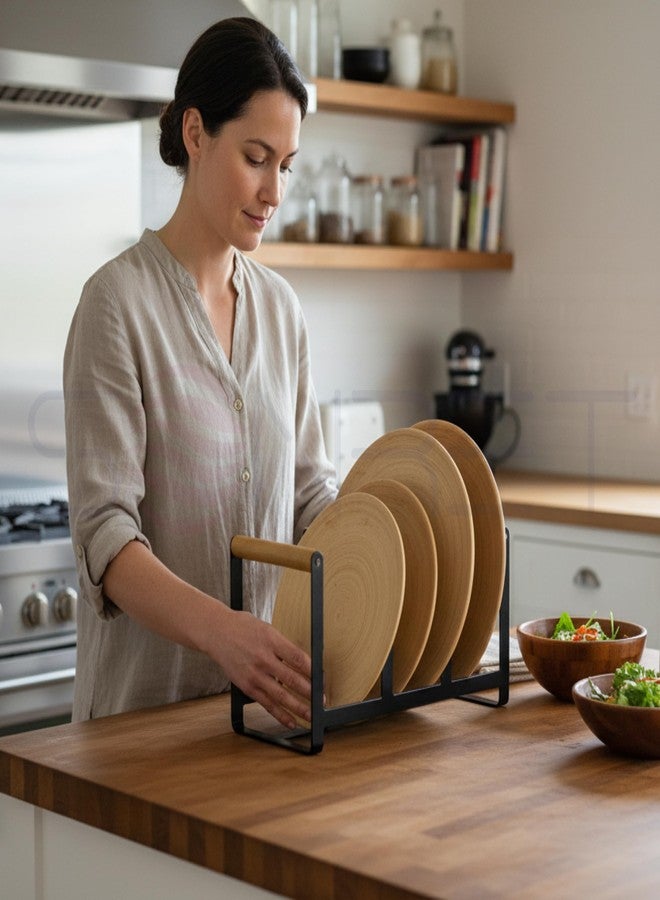 SONRET - Plate Stand for Kitchen Cabinet - 3 Section Steel Plate Stand for Kitchen with Wooden Handle - Multipurpose Dish Organizer Hold Lids, Tray, Cutting Board - Crockery Organizer for Home, Office - Image 5