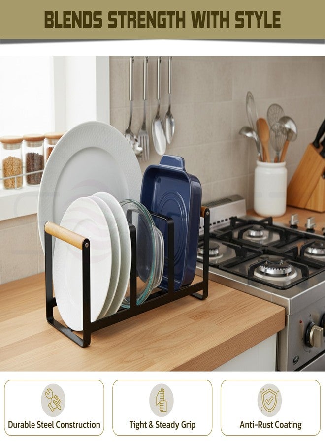 SONRET - Plate Stand for Kitchen Cabinet - 3 Section Steel Plate Stand for Kitchen with Wooden Handle - Multipurpose Dish Organizer Hold Lids, Tray, Cutting Board - Crockery Organizer for Home, Office - Image 3