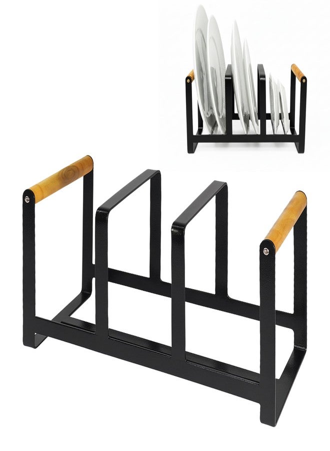 SONRET - Plate Stand for Kitchen Cabinet - 3 Section Steel Plate Stand for Kitchen with Wooden Handle - Multipurpose Dish Organizer Hold Lids, Tray, Cutting Board - Crockery Organizer for Home, Office - Image 1