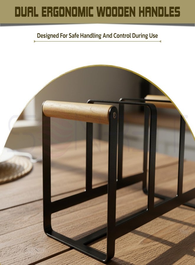 SONRET - Plate Stand for Kitchen Cabinet - 3 Section Steel Plate Stand for Kitchen with Wooden Handle - Multipurpose Dish Organizer Hold Lids, Tray, Cutting Board - Crockery Organizer for Home, Office - Image 4