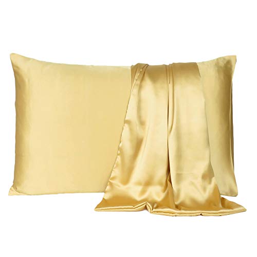 Oussum Satin Silk Pillowcase Pillow Case Covers with Envelop Closure for Hair and Skin Home Bed Decor Set of 2 Pillowcase Free 3 pcs scrunchies (Standard, Golden) - Image 4