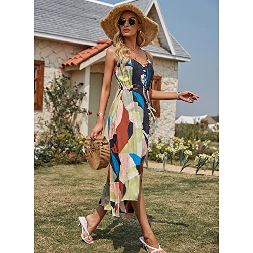 BROVAVE Women's 2025 Summer Casual Boho Sundress Polka Dot Spaghetti Strap V Neck Flowy Midi Dresses(008 Yellow-Green, Small) - Image 4