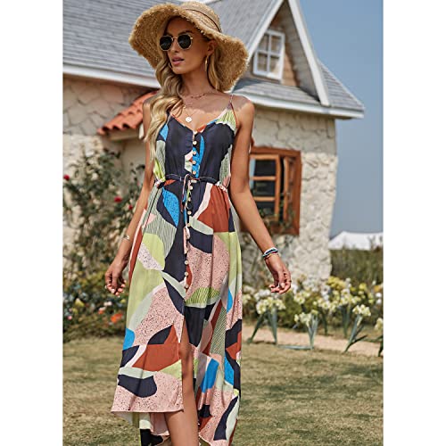 BROVAVE Women's 2025 Summer Casual Boho Sundress Polka Dot Spaghetti Strap V Neck Flowy Midi Dresses(008 Yellow-Green, Small) - Image 2