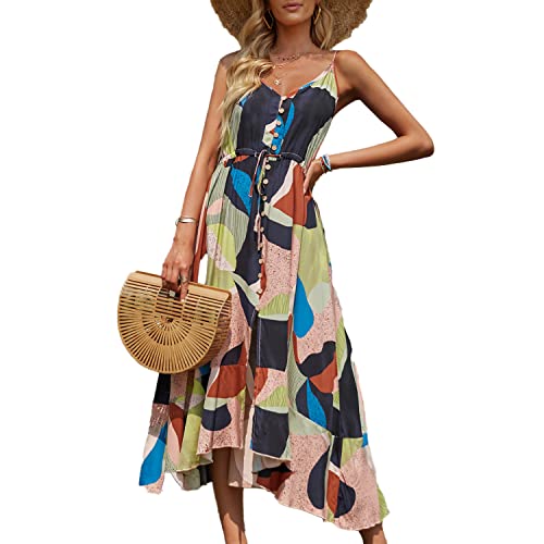 BROVAVE Women's 2025 Summer Casual Boho Sundress Polka Dot Spaghetti Strap V Neck Flowy Midi Dresses(008 Yellow-Green, Small) - Image 5