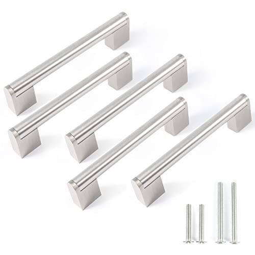 FULGENTE Brushed Nickel Drawer Pulls, Stainless Steel Chrome Modern Cabinet Handles Kitchen Hardware Cupborad Armoire Wardrobe, 5 inch Hole Center - 6 inches Total Length（ Pack of 5 ） - Image 1