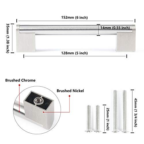 FULGENTE Brushed Nickel Drawer Pulls, Stainless Steel Chrome Modern Cabinet Handles Kitchen Hardware Cupborad Armoire Wardrobe, 5 inch Hole Center - 6 inches Total Length（ Pack of 5 ） - Image 2