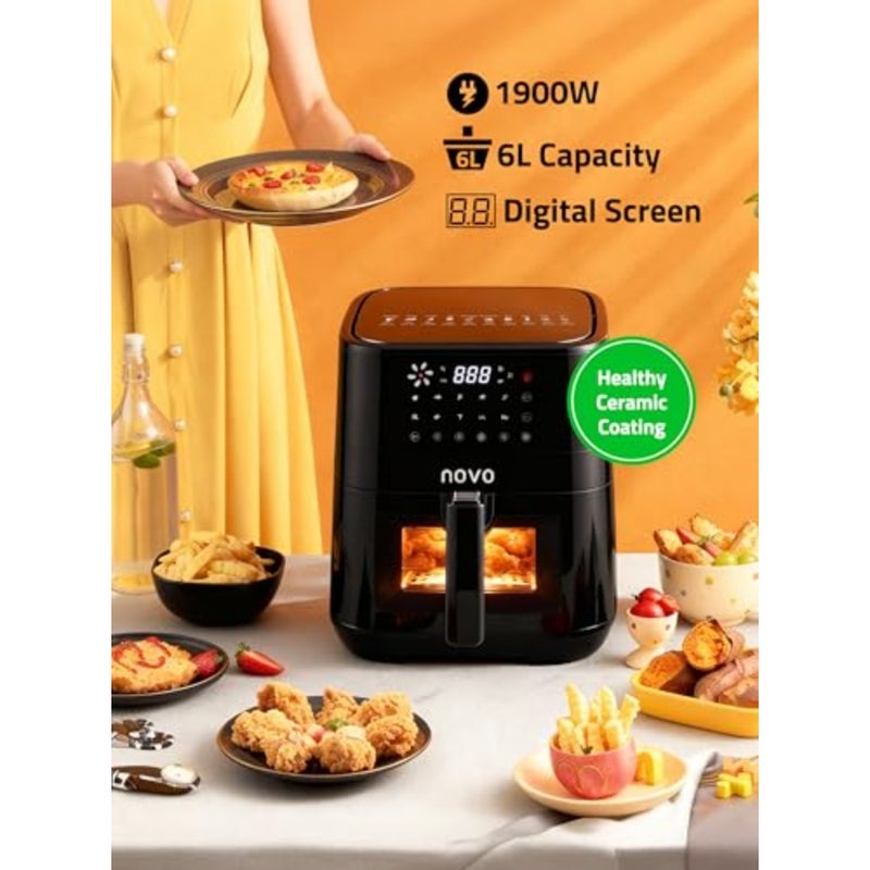 Digital Slim Air Fryer XL 6L 1900W for kitchen use, nonstick basket, black, clear window with internal light and 10 presets - Image 2