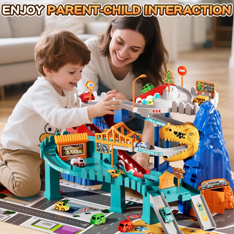 MSKOLER Dinosaur Race Car Tracks for Toddlers 2-4 Years, Dinosaur Climbing Hills Railcar, Toy Car Track Play Set with 7 Small Race Cars, Preschool Birthday Gifts for 3 4 5 6 7 8 Year Old Boys Girls - Image 3