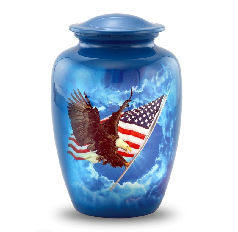 American Glory Cremation Urn  Patriotic Flag With Soaring Eagle Design Adult Size With Velvet Bag Large