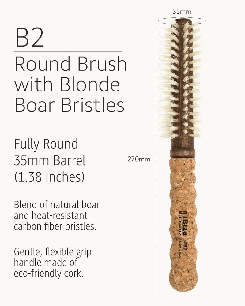 Ibiza Hair Boar Bristle Round Brush (B2-35mm) | Blonde Bristles & Cork Handle | Ideal for Color Treated Tresses | Big Waves or Tight Curls | Adds Shine & Texture for Long Styles & Large Sections - Image 3