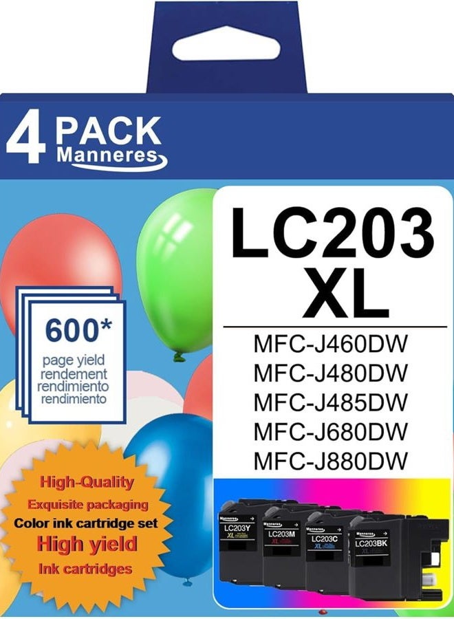 MANNERES LC203XL Ink Cartridges(4-Pack, 1 Black, 1 Cyan, 1 Magenta, 1 Yellow) - MNRS Compatible LC203 High Yield Ink Cartridges Replacement for Brother LC203XL MFC-J460DW MFC-J480DW MFC-J4420DW Printer - Image 1