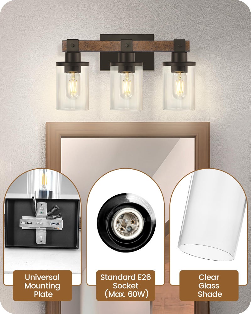 GOEBLESON 3-Light Bathroom Light Fixture, Farmhouse Vanity Lights for Bathroom with Glass Shade, Rustic Bathroom Light Fixtures, E26 Base F08BD05 - Image 4