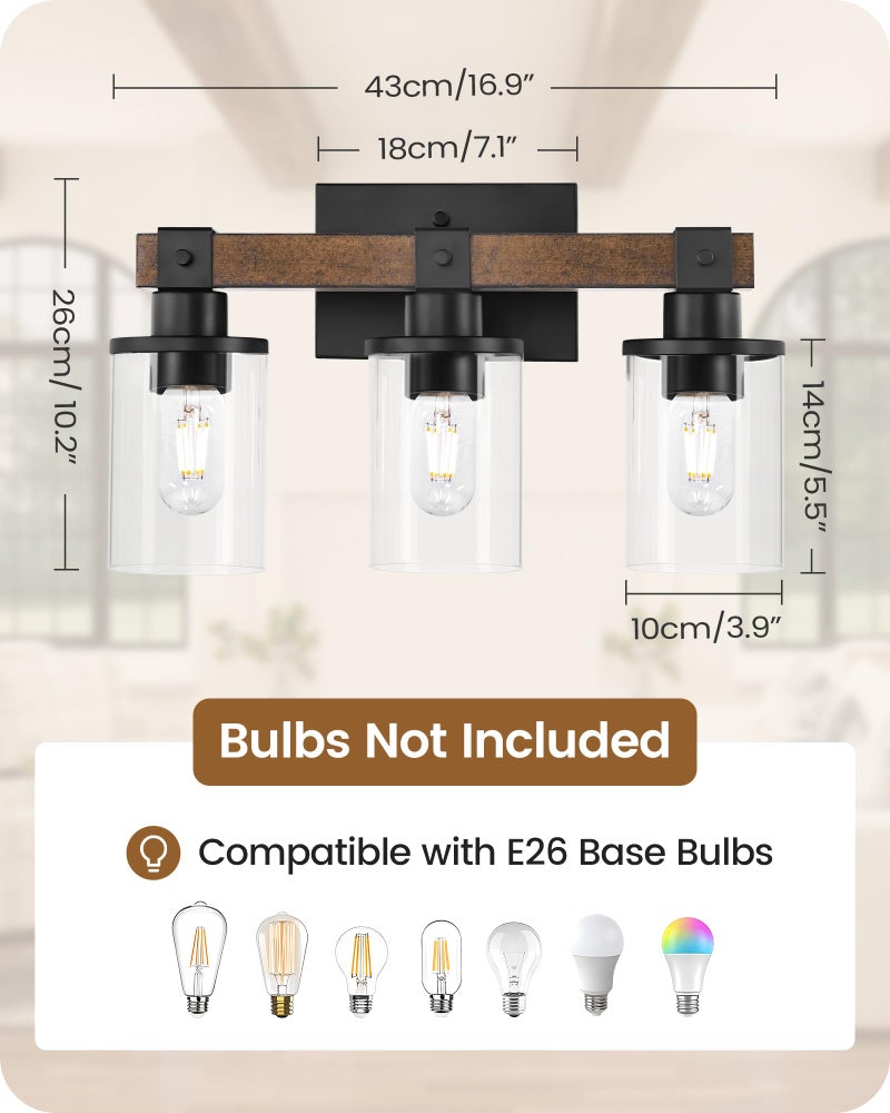GOEBLESON 3-Light Bathroom Light Fixture, Farmhouse Vanity Lights for Bathroom with Glass Shade, Rustic Bathroom Light Fixtures, E26 Base F08BD05 - Image 2