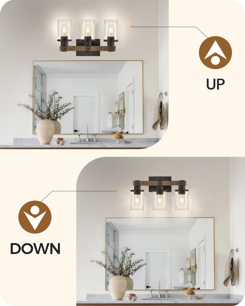 GOEBLESON 3-Light Bathroom Light Fixture, Farmhouse Vanity Lights for Bathroom with Glass Shade, Rustic Bathroom Light Fixtures, E26 Base F08BD05 - Image 5