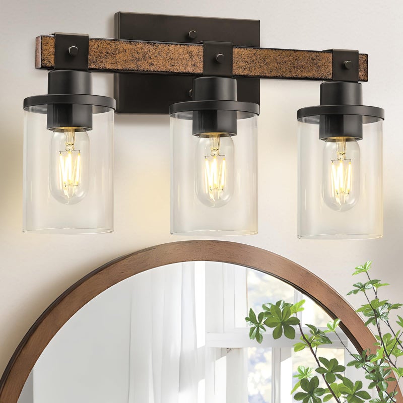 GOEBLESON 3-Light Bathroom Light Fixture, Farmhouse Vanity Lights for Bathroom with Glass Shade, Rustic Bathroom Light Fixtures, E26 Base F08BD05 - Image 1