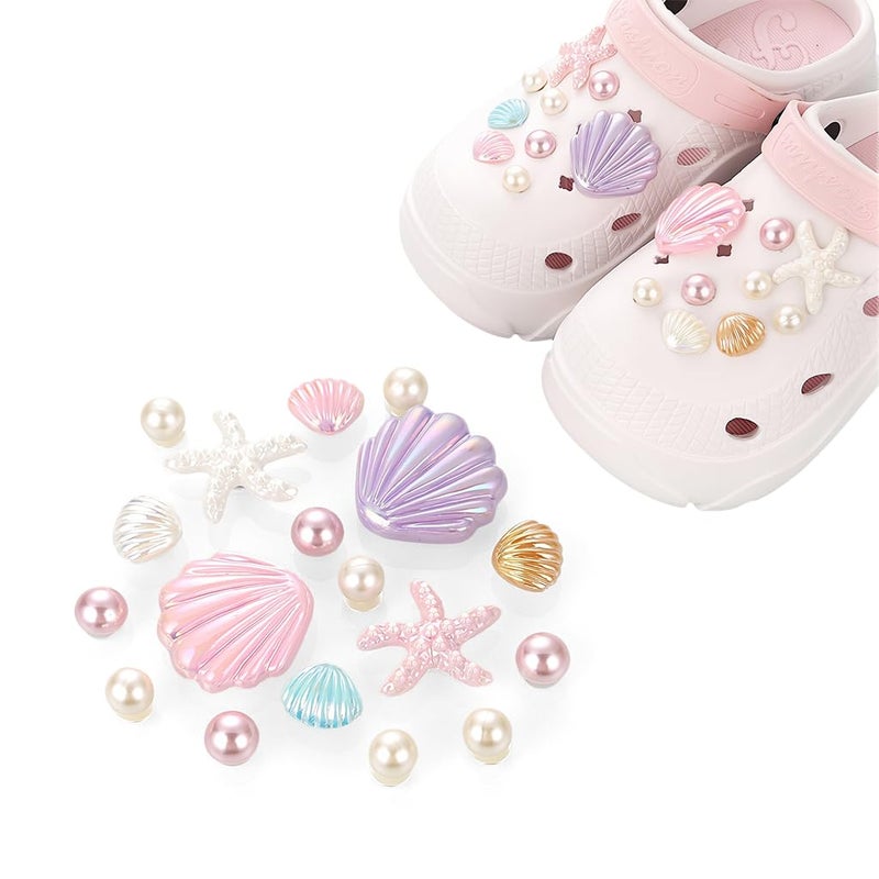 May Create ® 17Pcs Seashell Shoe Charm Set, Sweetly Stylish Star Fish Faux Pearl Shoe Pieces Clog Shoe Ornaments Glossing Resin Made - Image 1
