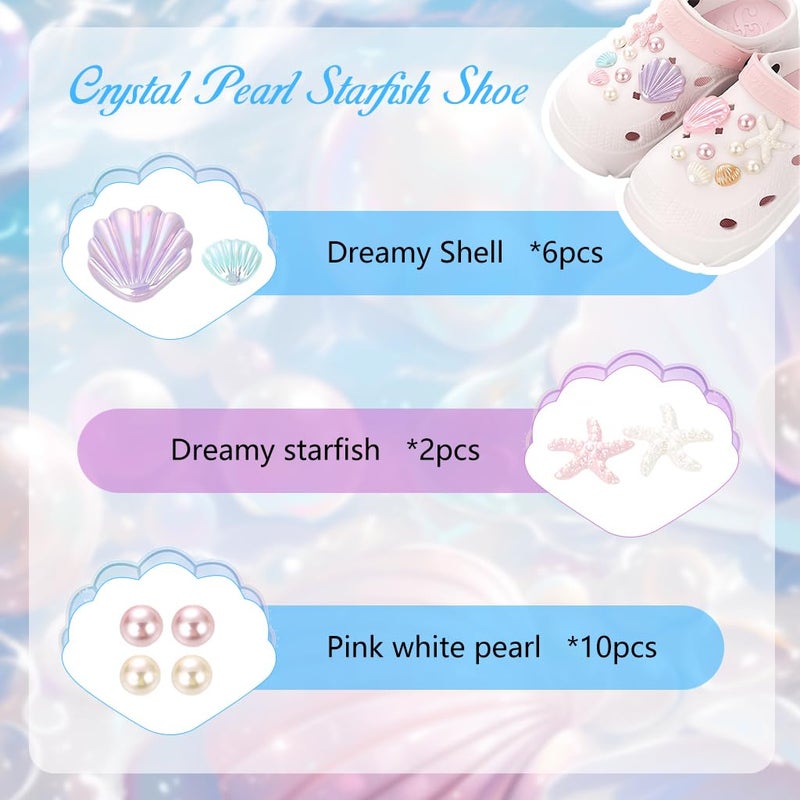 May Create ® 17Pcs Seashell Shoe Charm Set, Sweetly Stylish Star Fish Faux Pearl Shoe Pieces Clog Shoe Ornaments Glossing Resin Made - Image 3