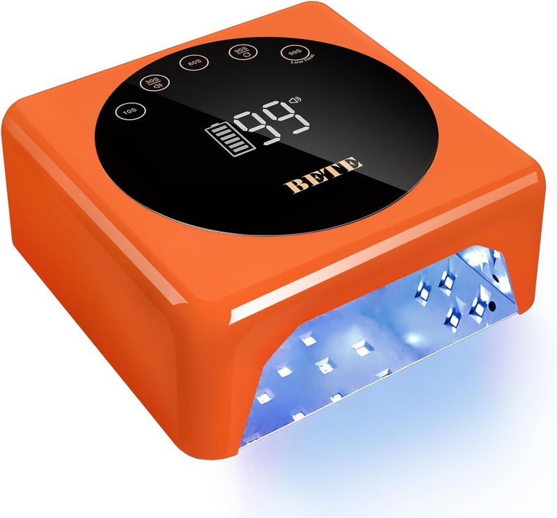مصباح أظافر LED بدون سلك BETE، 78 واط مصباح أظافر UV قابل لإعادة الشحن، مصباح تجفيف الأظافر الذكي مع مستشعر الأشعة تحت الحمراء وعرض LCD، مصباح تجفيف الأظافر المحمول مع 5 إعدادات مؤقتة برتقالي
