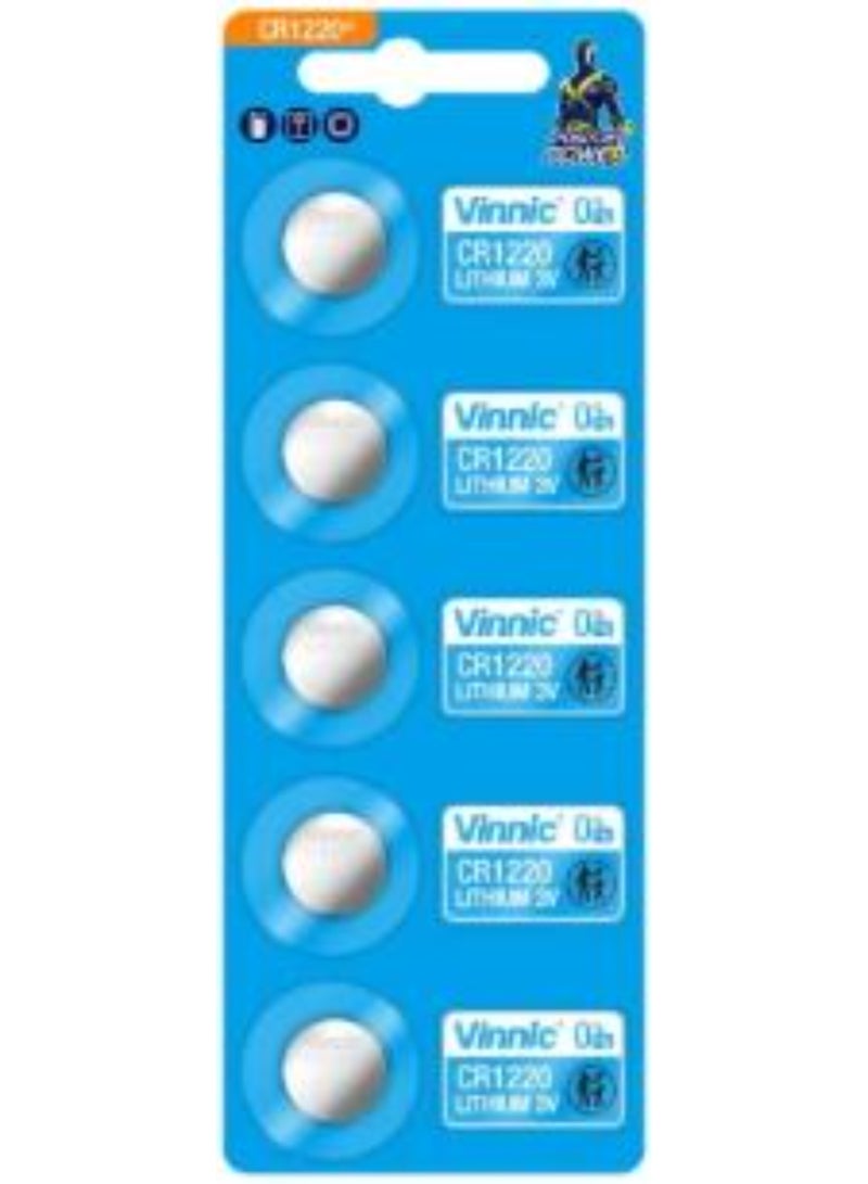 بطاريات Vinnic CR1220 ليثيوم 3 فولت (Positive Power) خالية من الزئبق (0% Hg) - 5 قطع.  صُنعت في الصين.