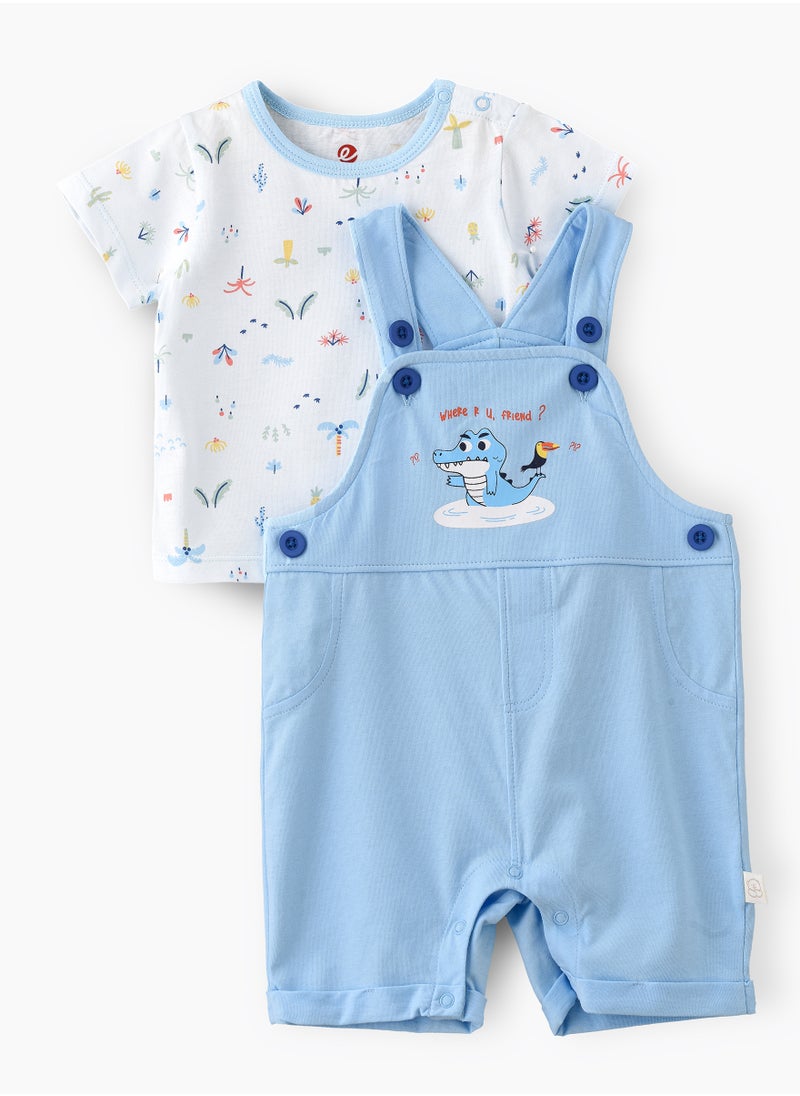 Elegant Kids - Boys' Light Blue Cotton Romper & Printed T-Shirt Set - Image 1