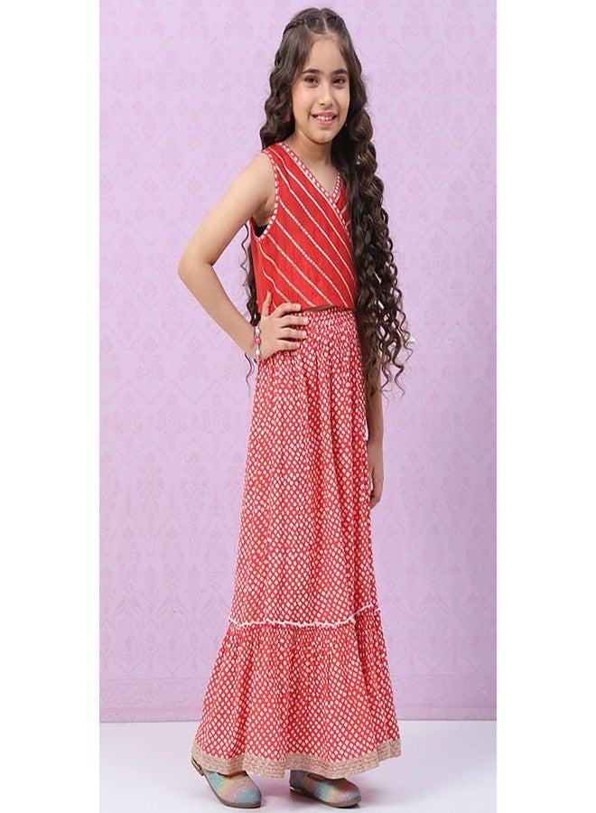BIBA Girls Polyester Flared Printed Lehenga Set (KW5034EAW22RED_Red_8 9 Years) - Image 5