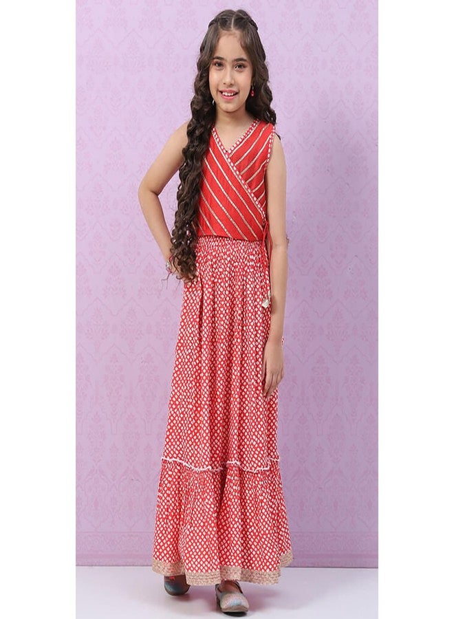 BIBA Girls Polyester Flared Printed Lehenga Set (KW5034EAW22RED_Red_8 9 Years) - Image 4