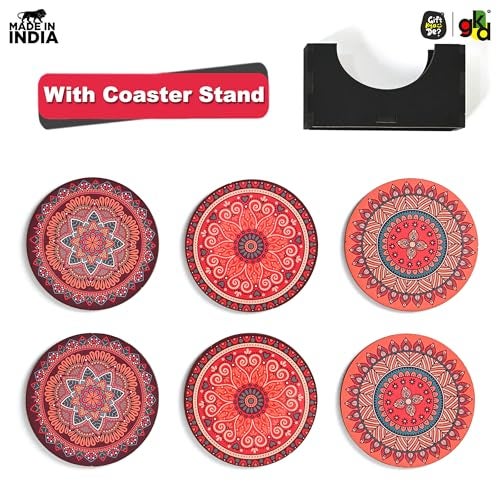 Gift Kya De Coaster Set Of 6 Fine Mandala Art Wooden Coasters With Proper Coaster Stand Coaster Set Fit For Tea Cups, Coffee Mugs And Glasses (3.5 X 3.5 Inch, Fine Mandala Design) Rangoli - Image 4
