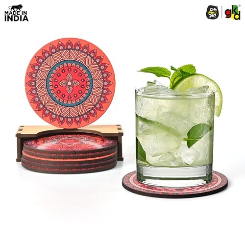 Gift Kya De Coaster Set Of 6 Fine Mandala Art Wooden Coasters With Proper Coaster Stand Coaster Set Fit For Tea Cups, Coffee Mugs And Glasses (3.5 X 3.5 Inch, Fine Mandala Design) Rangoli - Image 5